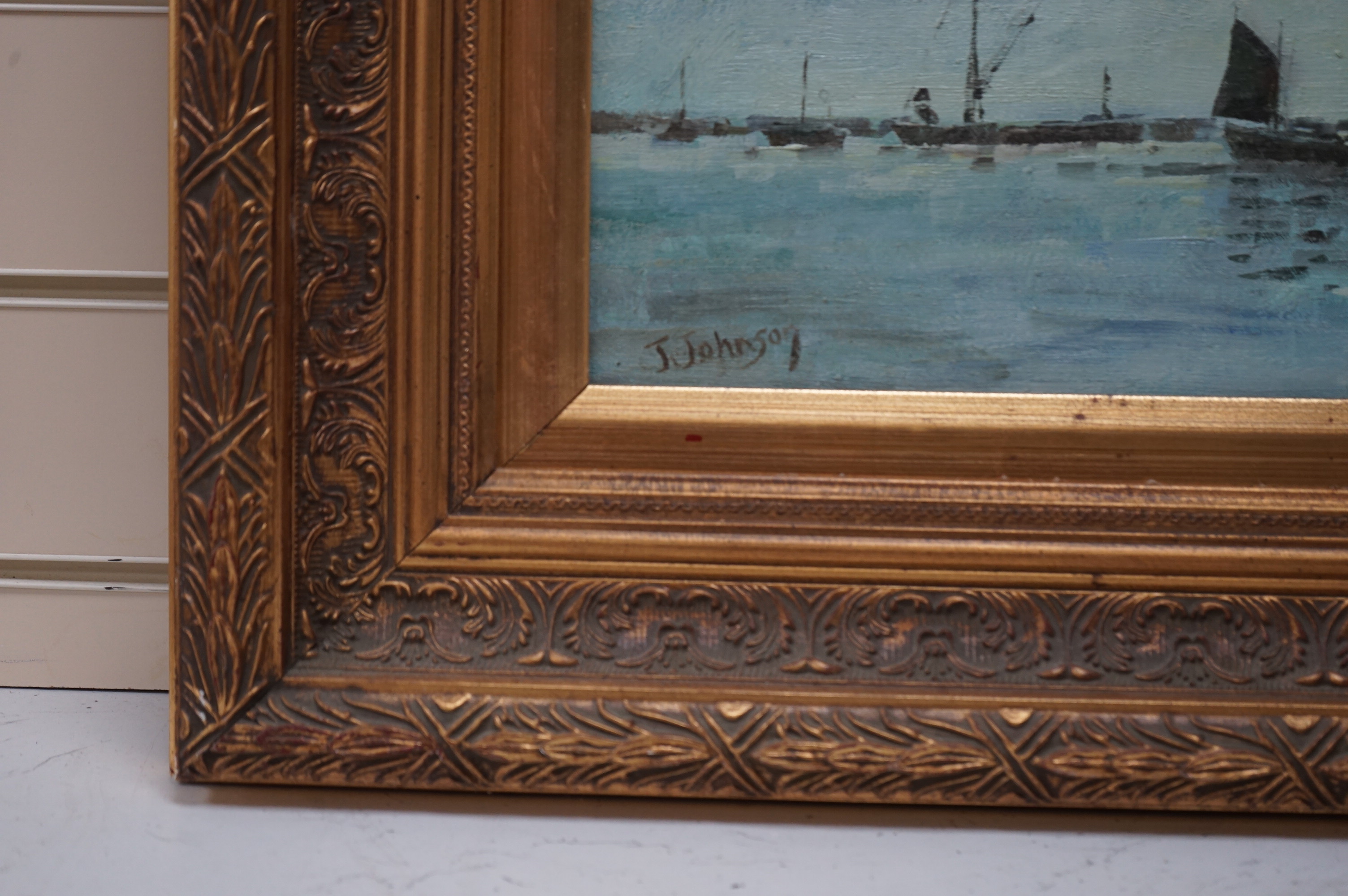 J Johnson, impressionist oil on canvas, Study of boats, signed, 49 x 60cm, ornate gilt frame. Condition - good